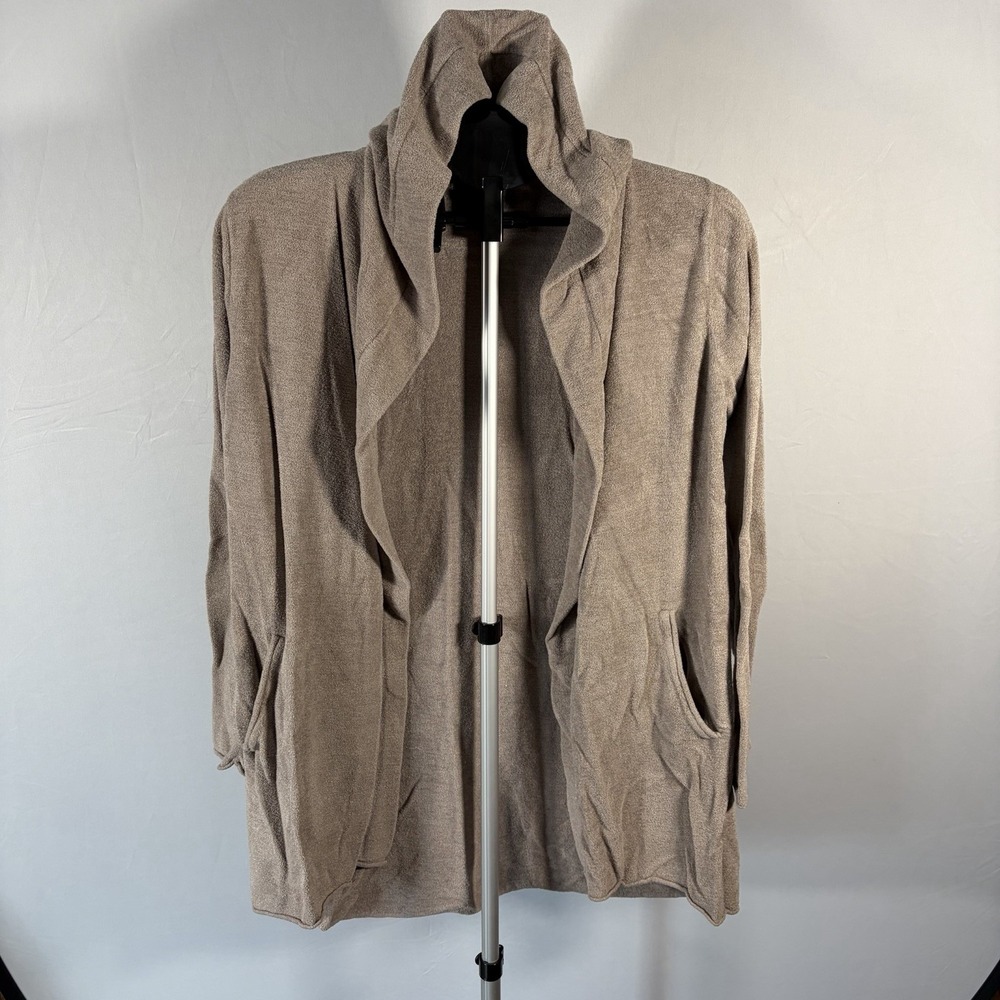 Barefoot Dreams CozyChic Ultra Lite Large Tan Hooded Open Resort Cardigan Pocket